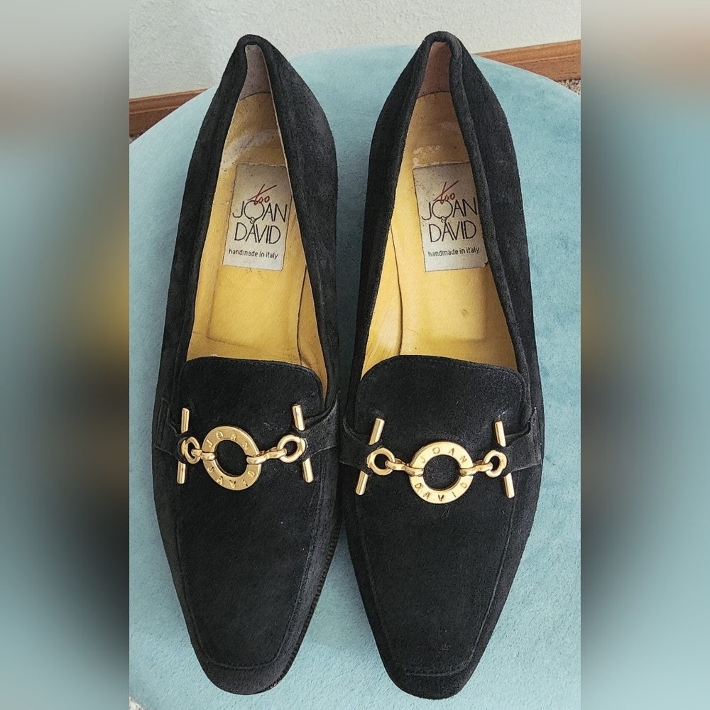 Joan & David Womens Black Suede Leather Slip On Gold Trim Monogrammed Size 10M